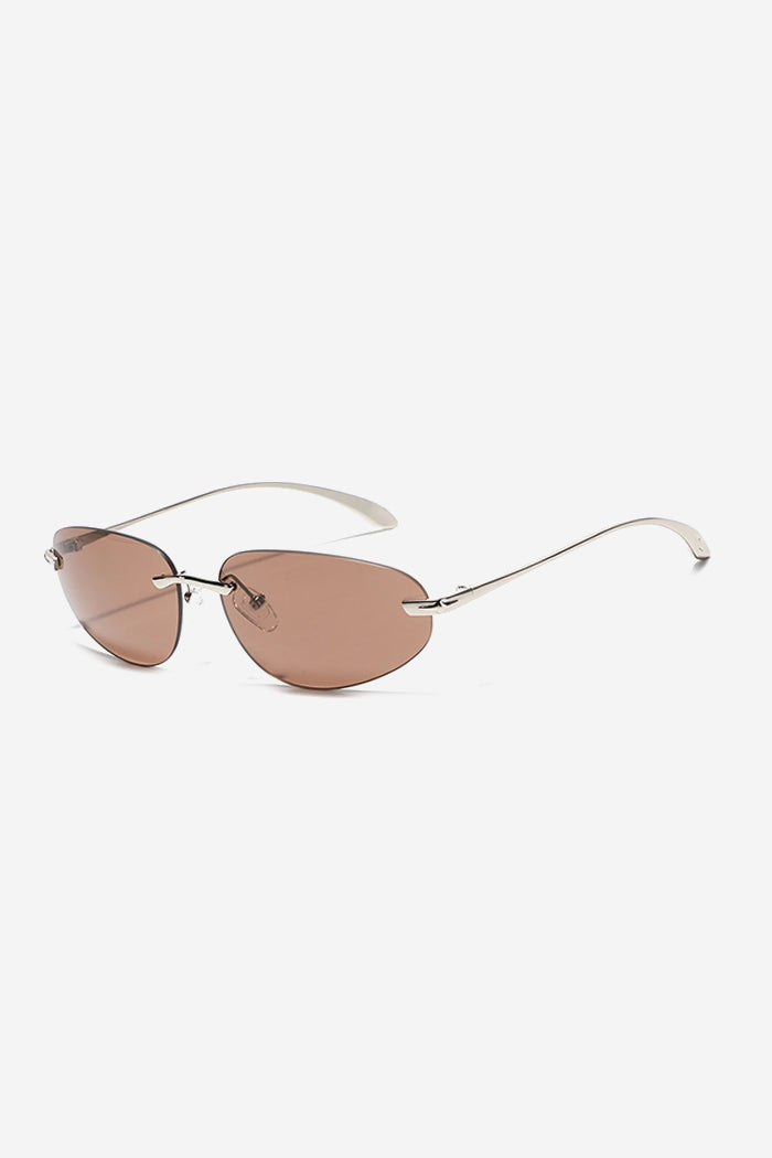 Minimalist Rimless Sunglasses with Sleek Metal Temples and Curved Arms – Brown