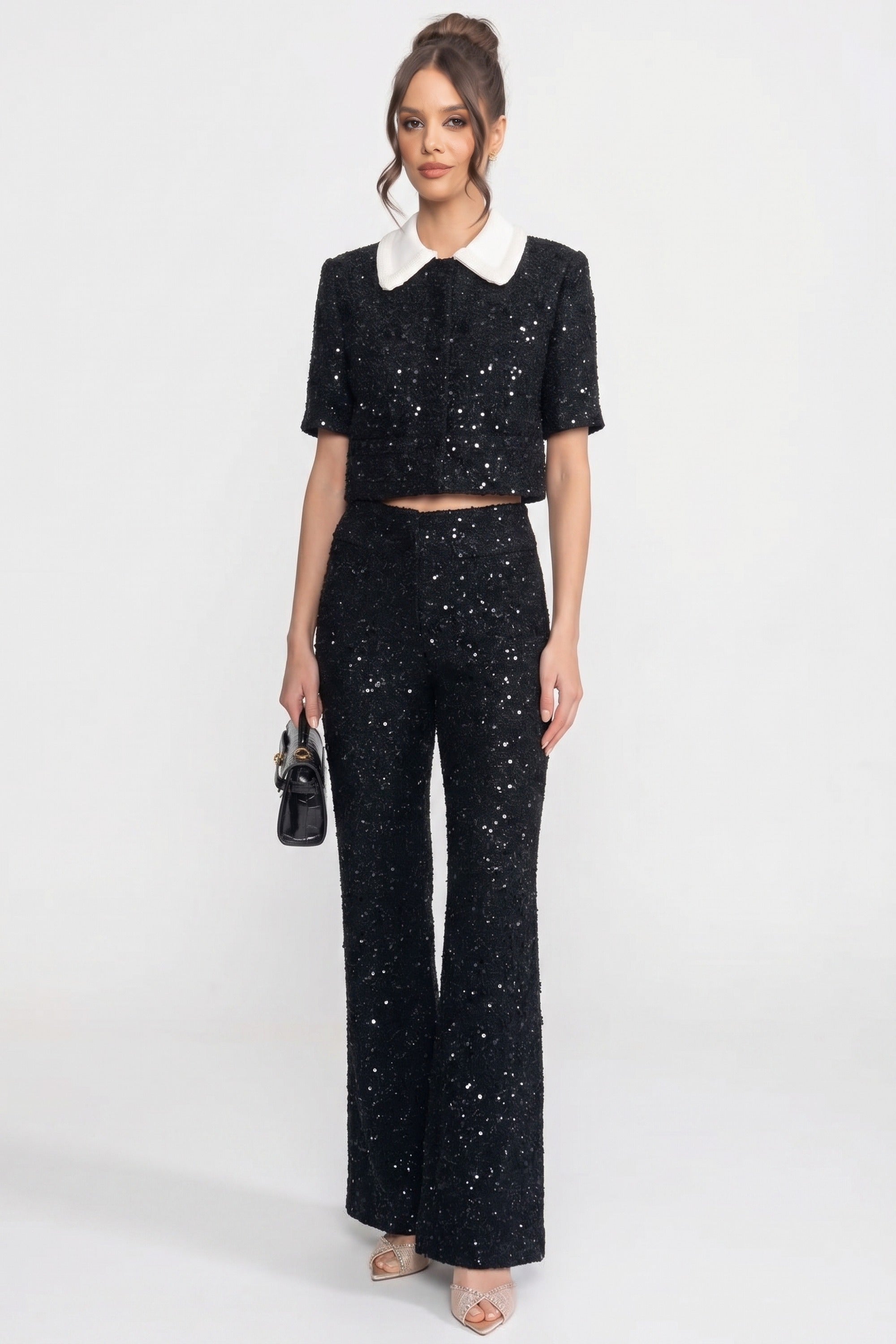 Weit geschnittene Tweed-Hose mit Pailletten-Detail - Schwarz 