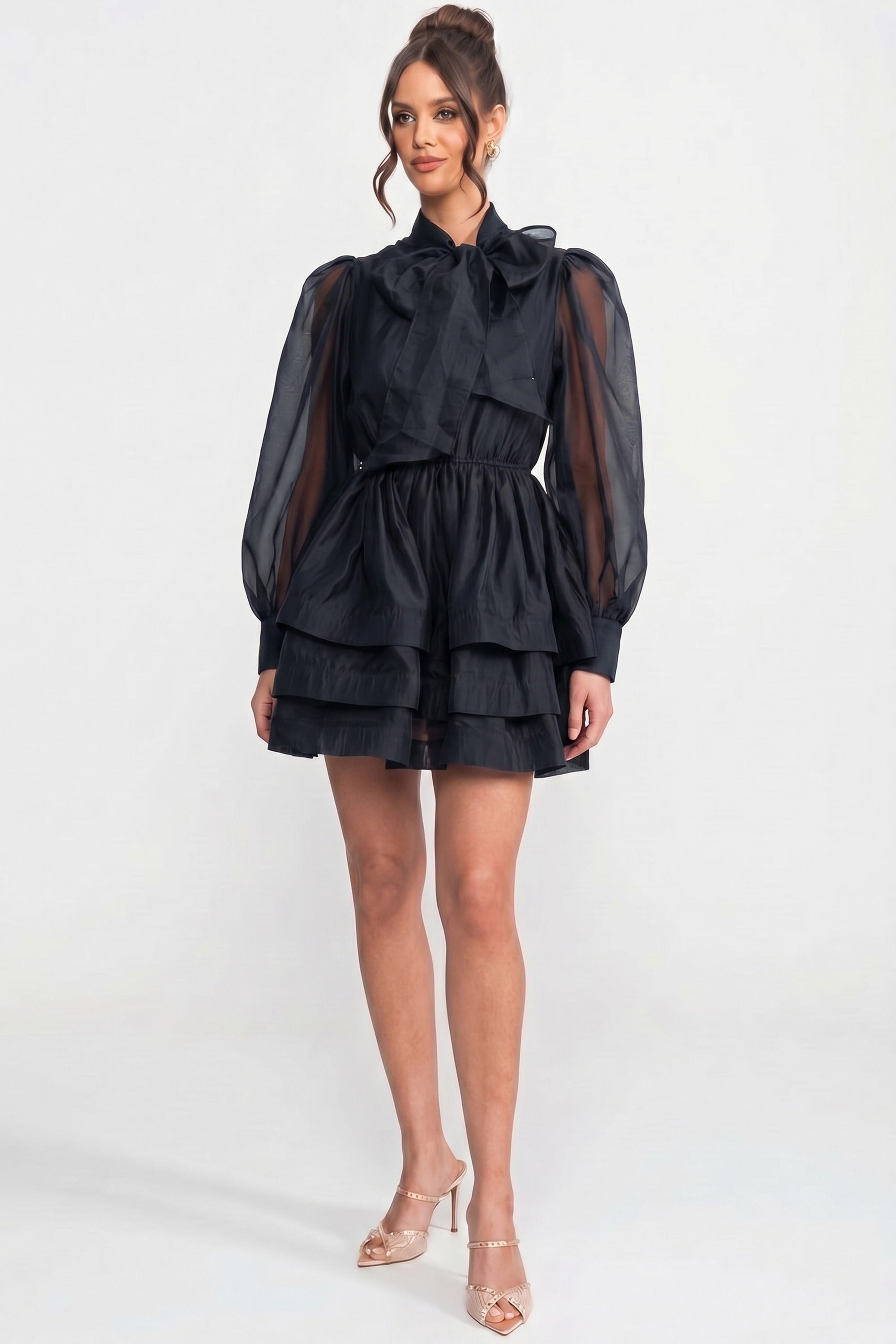 High-Neck-Minikleid mit Puffärmeln, gestuftem Rüschrock und Schleife - Schwarz 