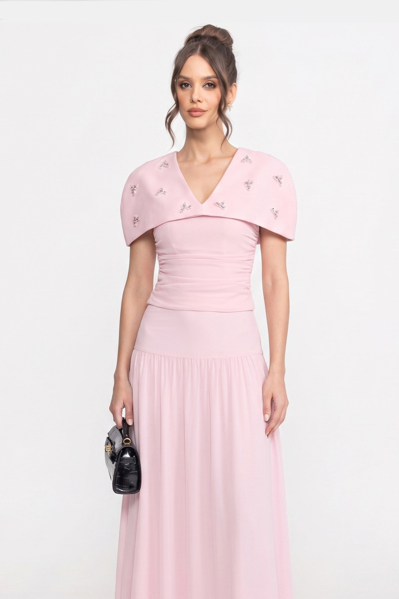 3-teiliges Co-Ord-Set mit gerafftem Top, abnehmbarem Cape und Maxi-Rock - Pink 