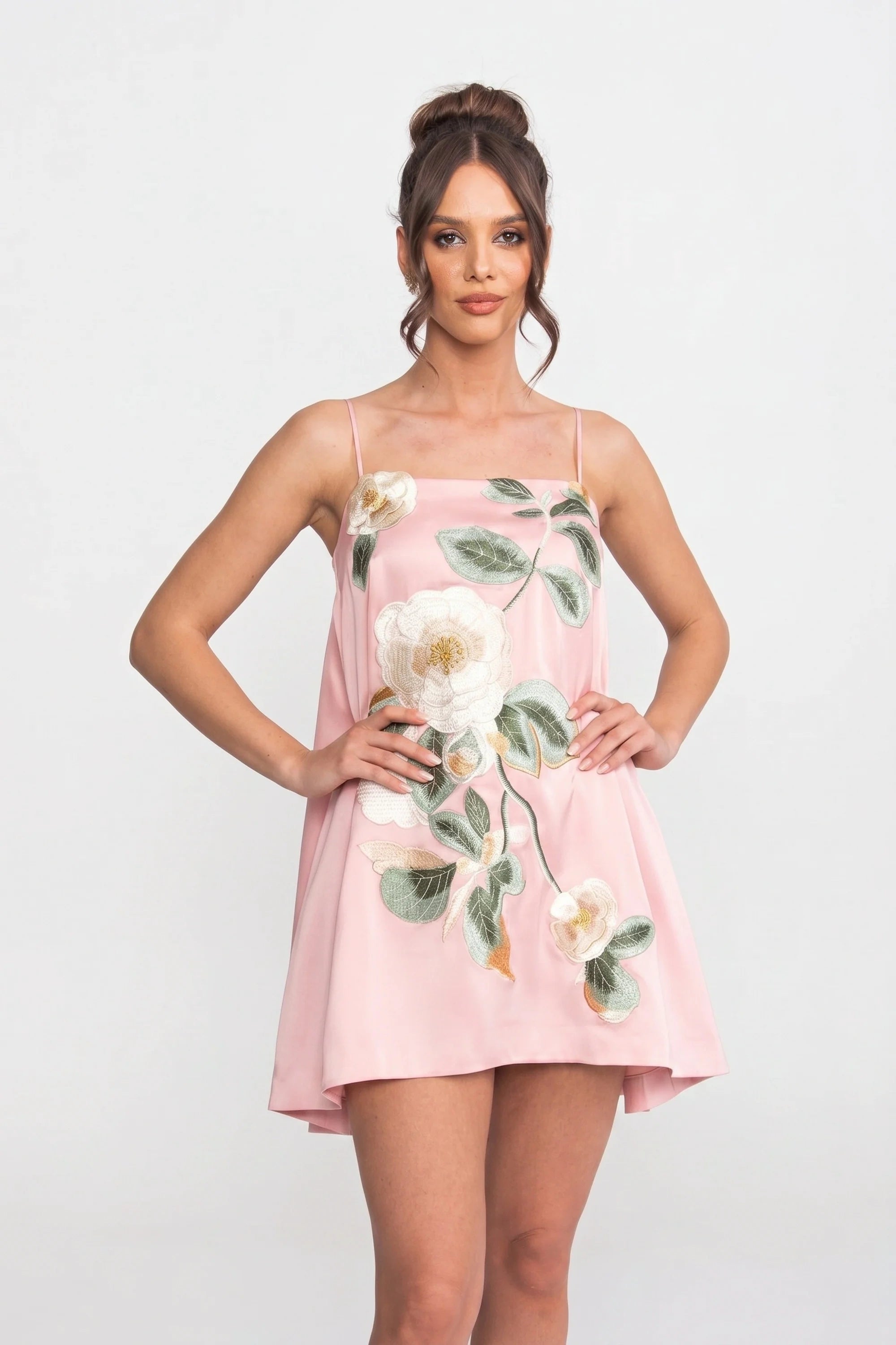 Spaghetti-Strap Mini Dress With 3D Floral Appliqué And A-Line Skirt - Pink