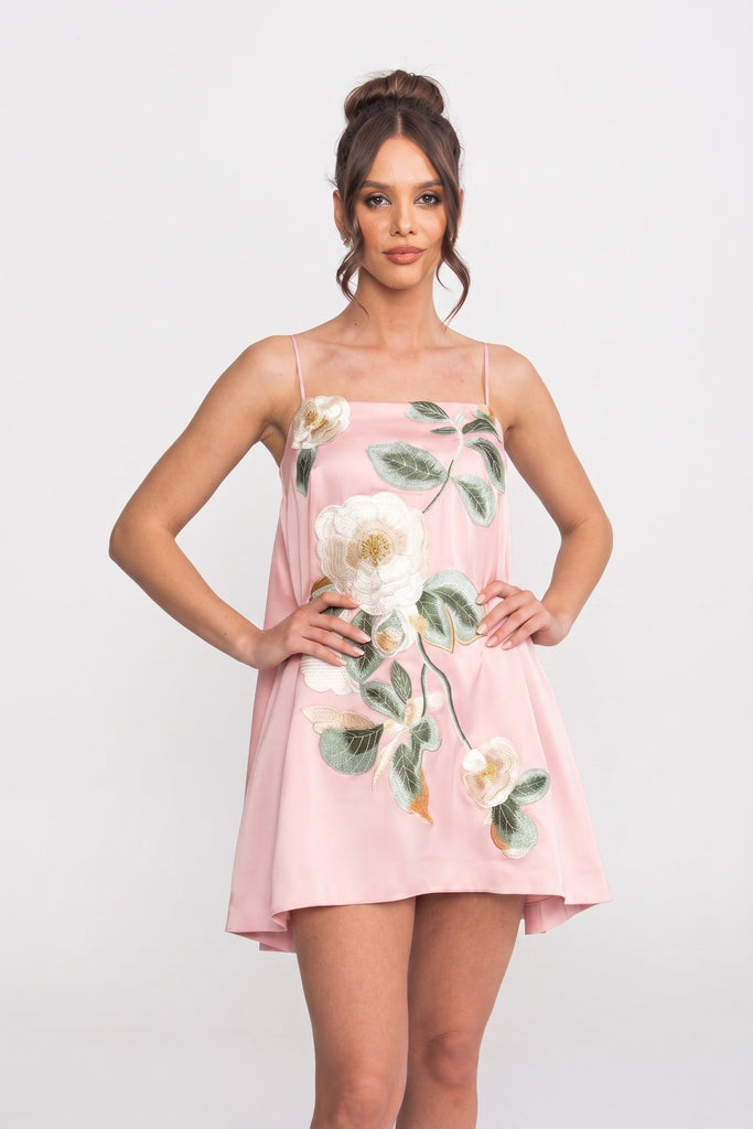 Mini-Kleid mit Spaghettiträgern, 3D-Blütenapplikation und A-Linien-Rock - Pink 