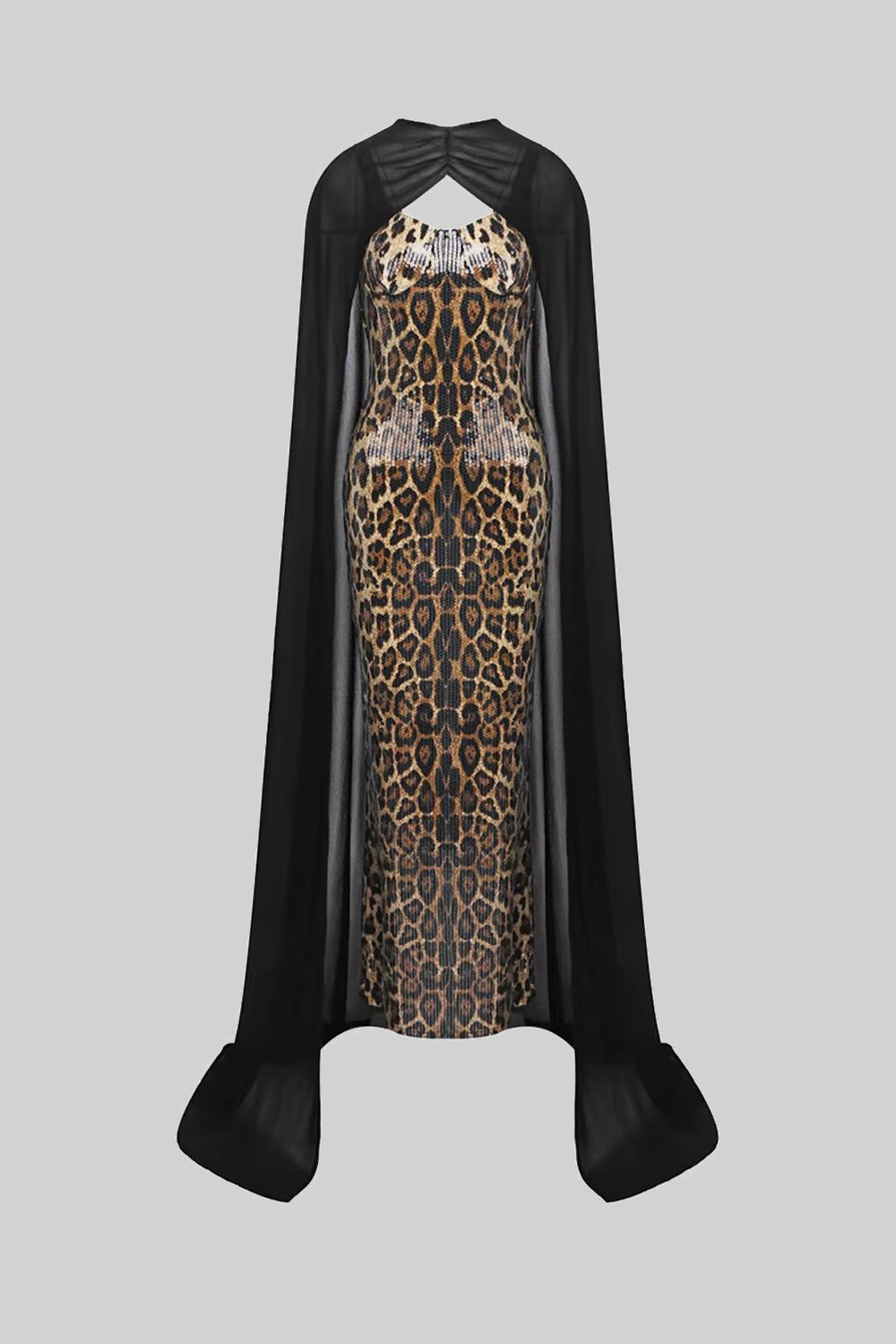 Sequin Maxi Dress with Sheer Cape Overlay – Leopard & Black