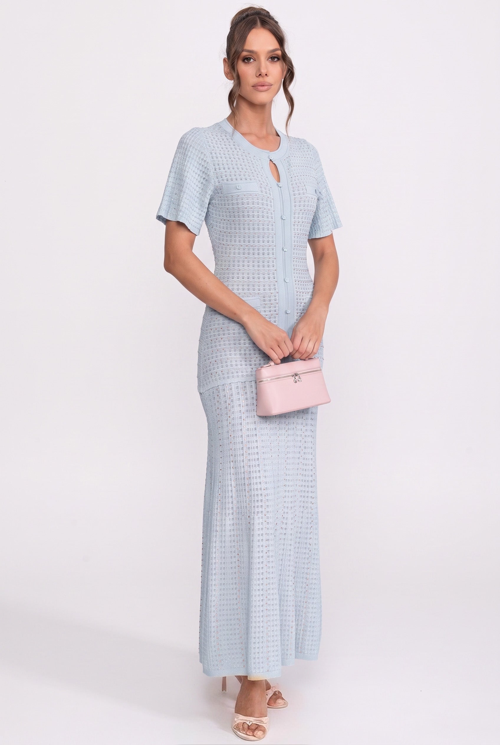 Midi-Kleid mit kurzen Ärmeln und schimmernder Stricktextur - Light Blue 