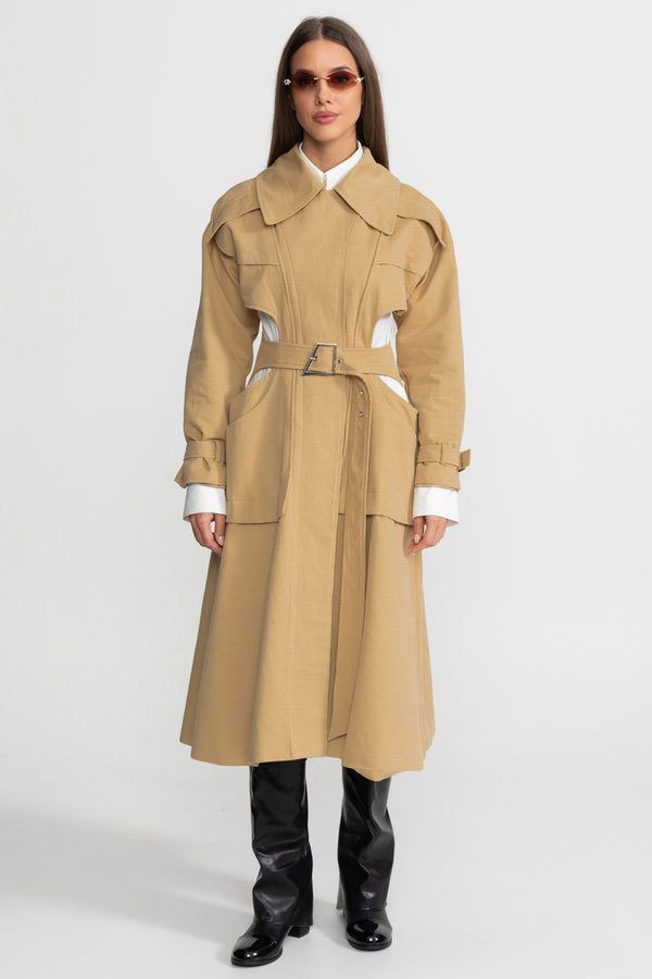 Trenchcoat mit Cutouts, tailliertem Gürtel und Utility-Taschen – Beige 