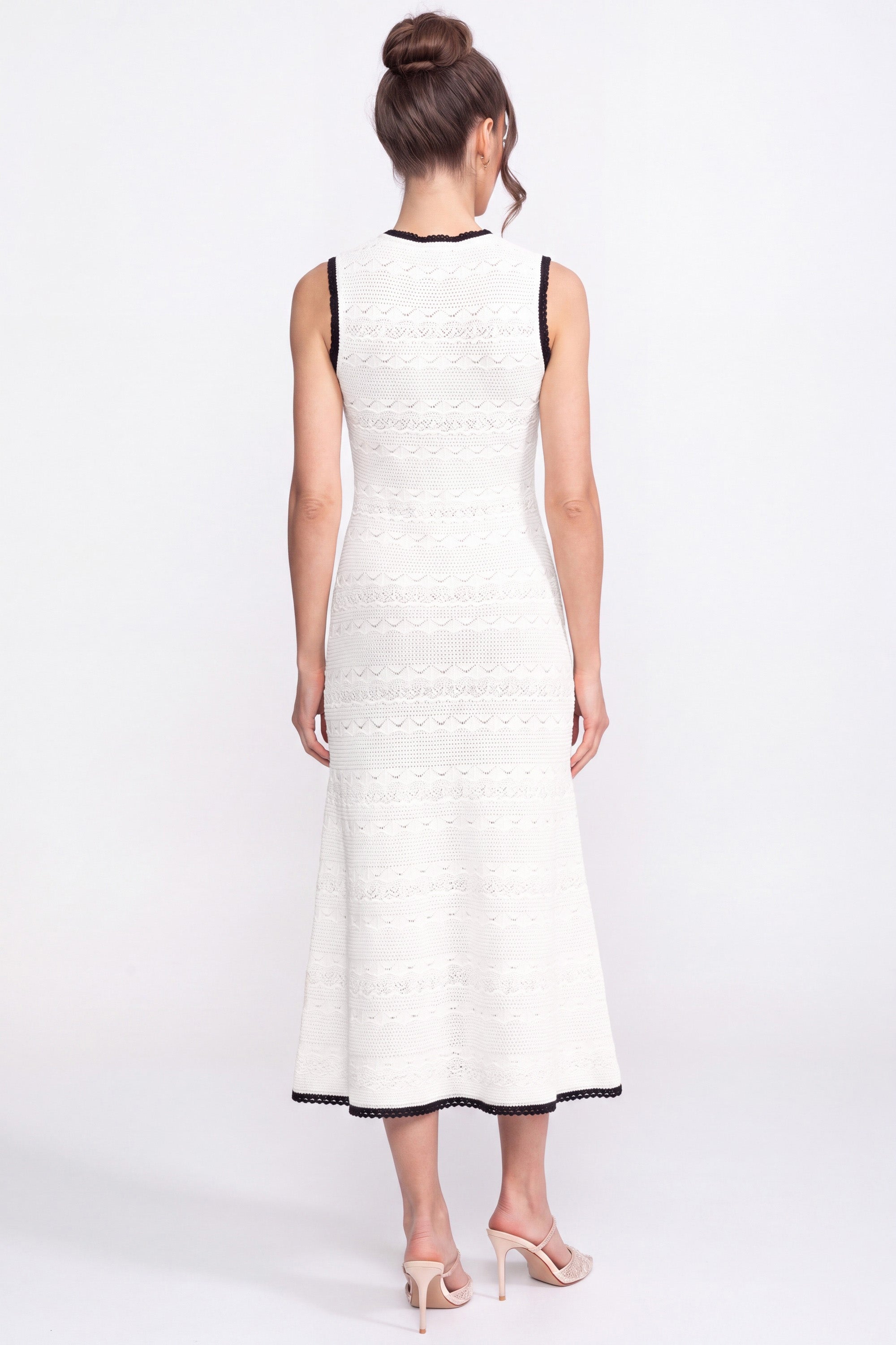 Crochet Knit Midi Dress With Black Trim And Bow - White