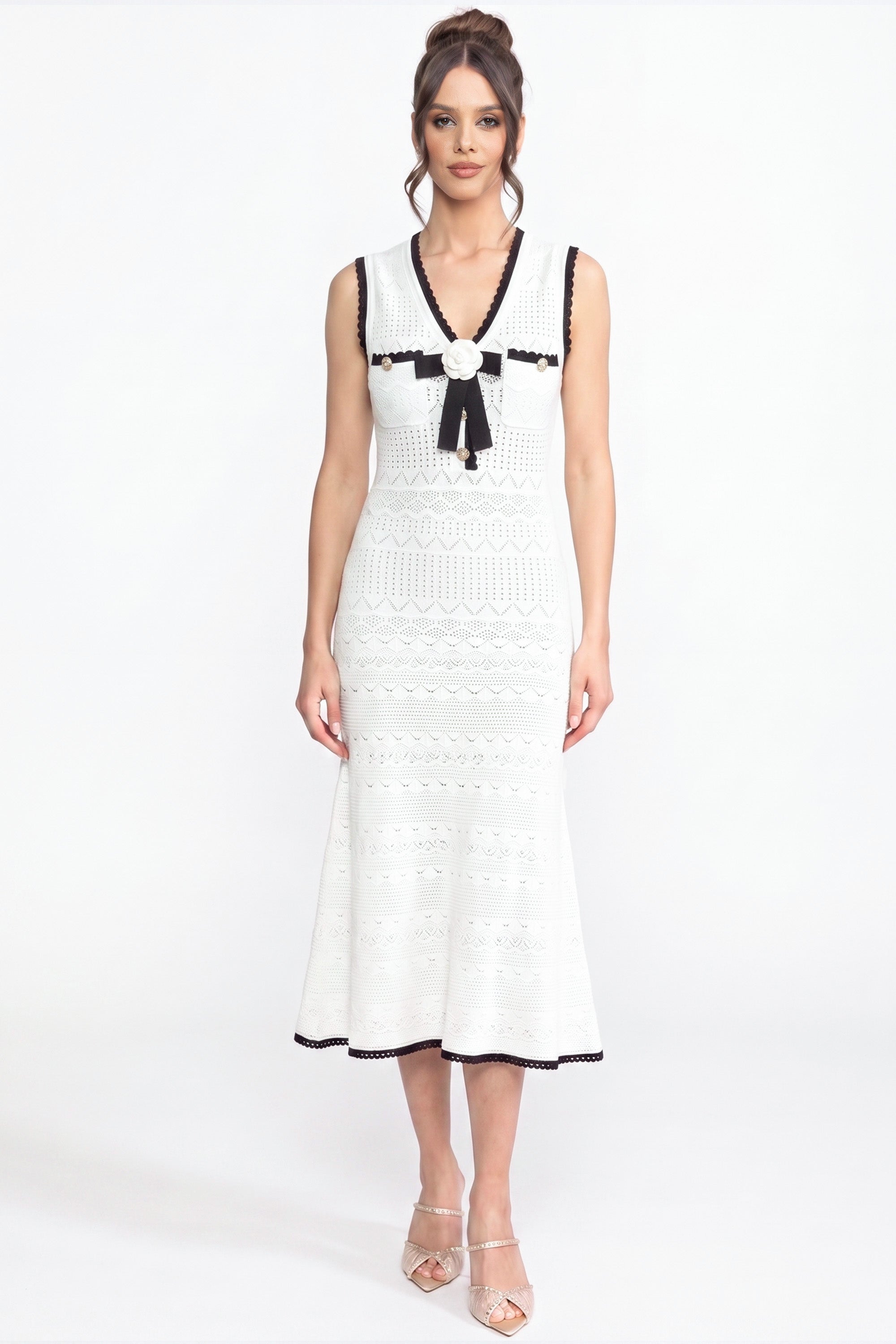 Crochet Knit Midi Dress With Black Trim And Bow - White