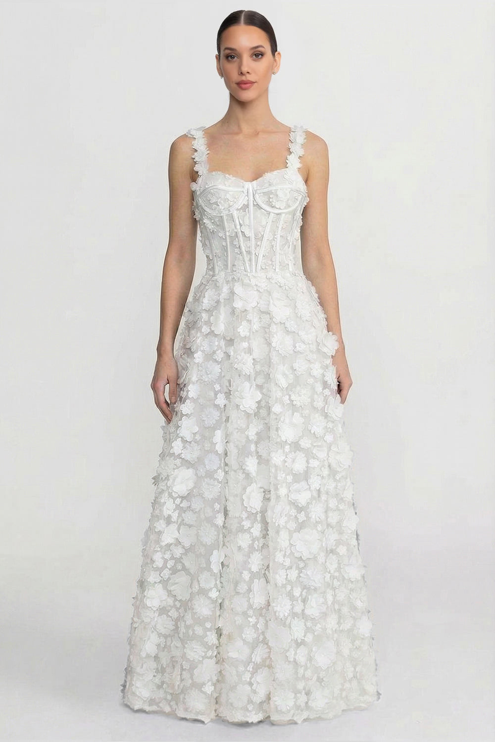 Maxikleid mit floralen Applikationen und Korsett-Oberteil - Weiß 