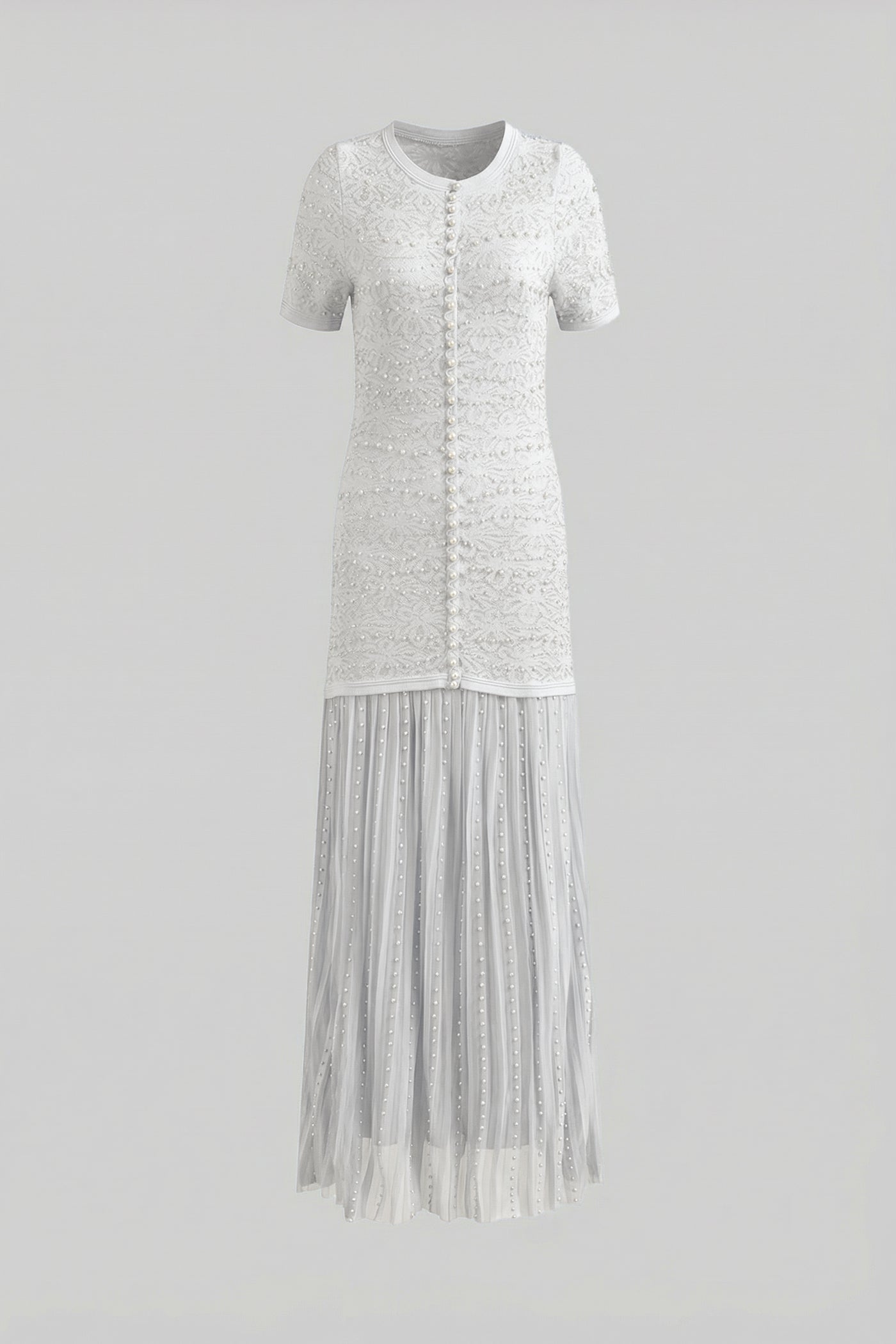 Midi-Kleid mit kurzen Ärmeln und Perlenverzierung - Weiß 