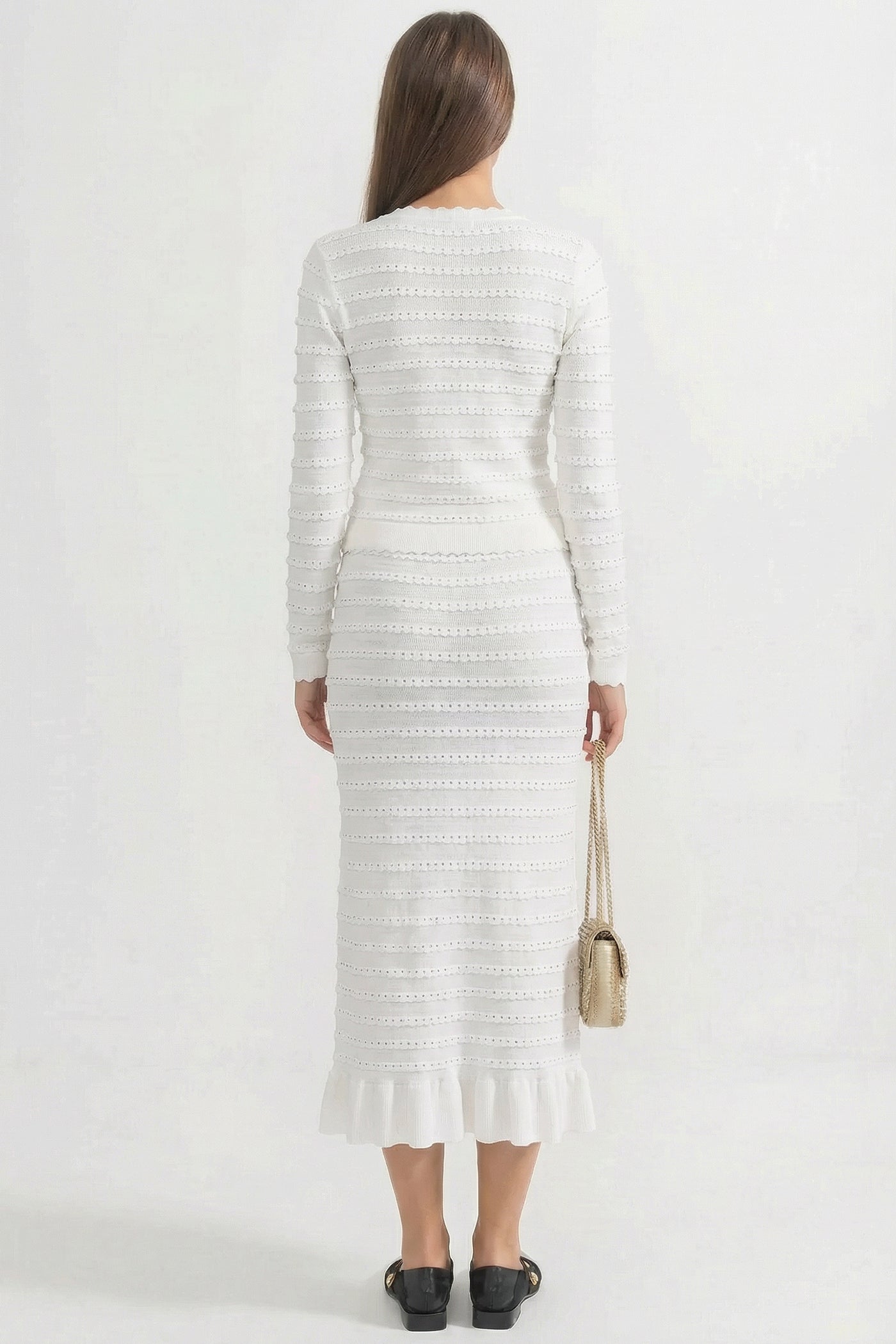 Knit Co-Ord Set With Pointelle Stripe Texture And Sparkling Embellishments - White