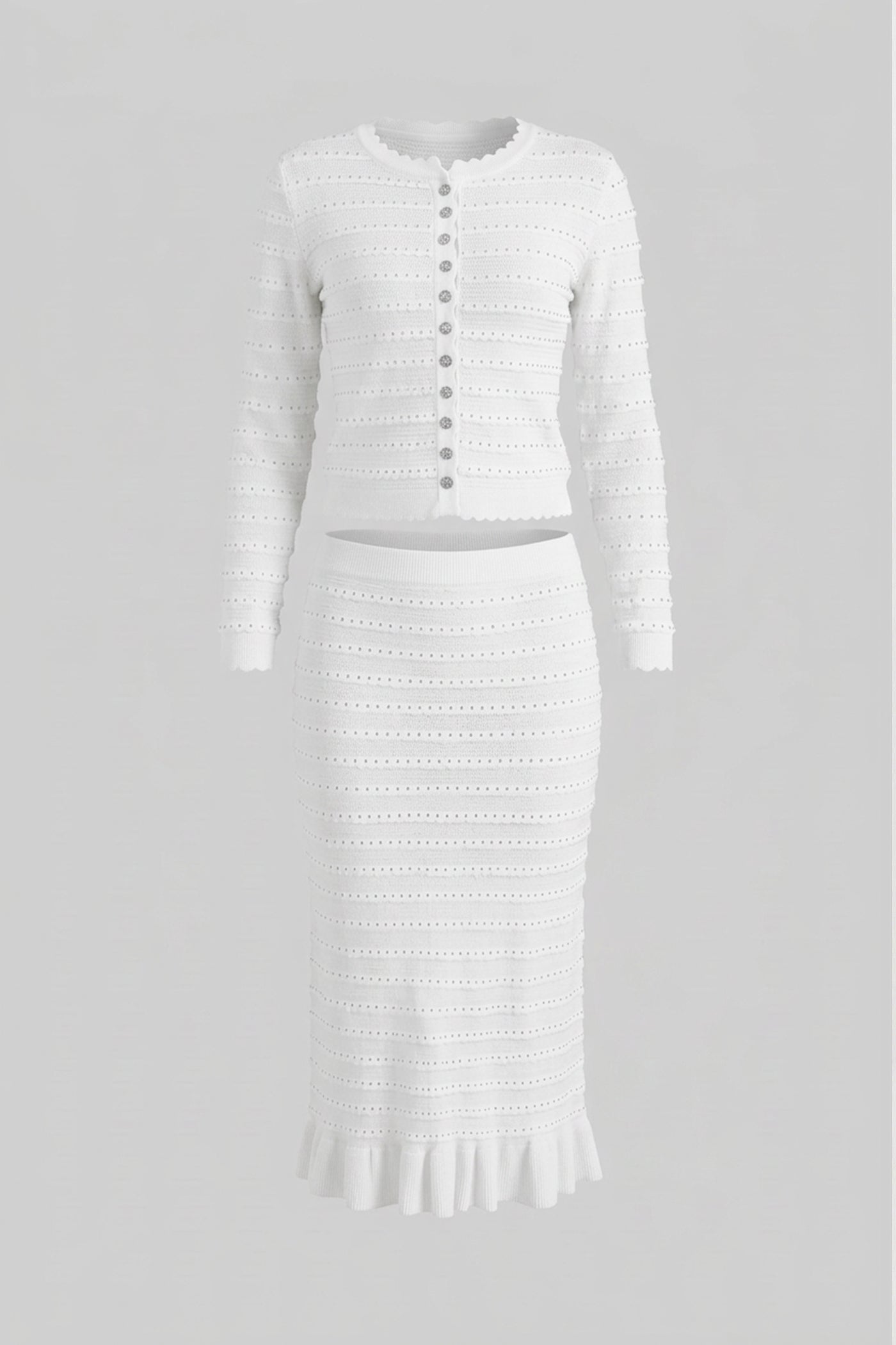 Knit Co-Ord Set With Pointelle Stripe Texture And Sparkling Embellishments - White