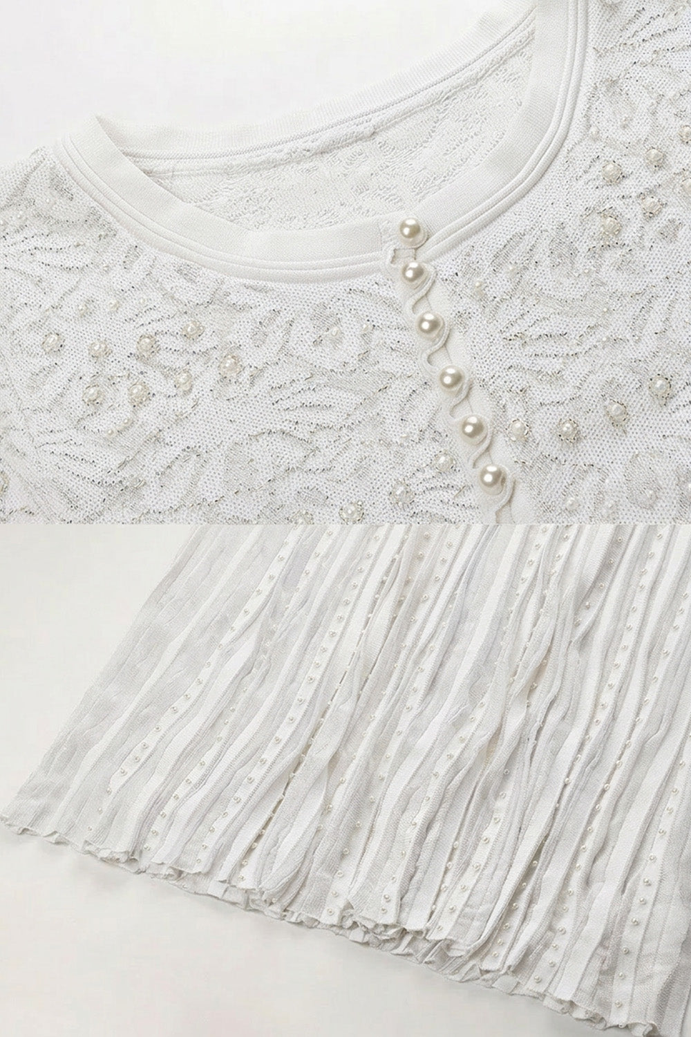 Midi-Kleid mit kurzen Ärmeln und Perlenverzierung - Weiß 