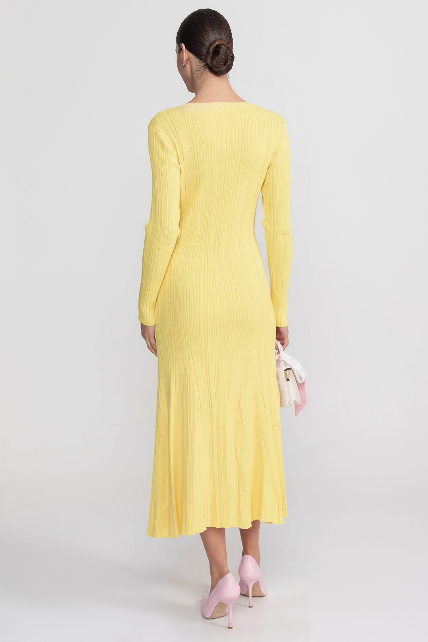 Ribbed Long Sleeve Midi Dress With Lace-Trim V-Neckline - Yellow