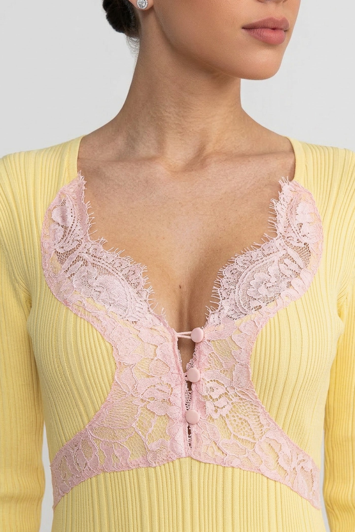 Ribbed Long Sleeve Midi Dress With Lace-Trim V-Neckline - Yellow