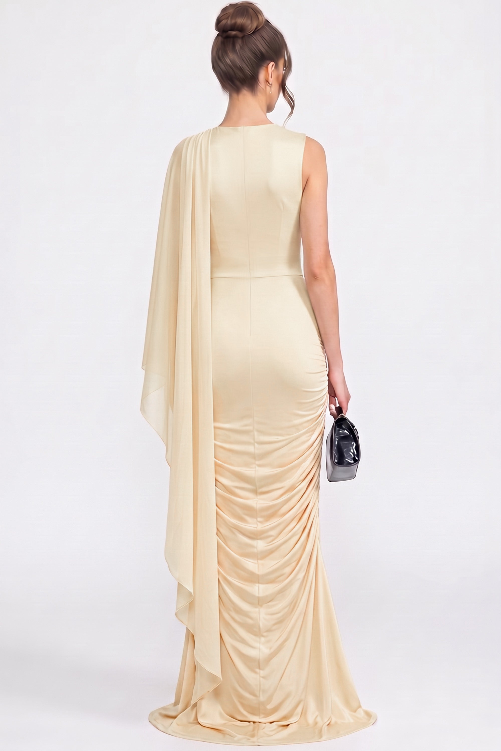 Maxikleid mit einer Schulter und Drapierung mit transparentem Schal-Detail - Gelb 